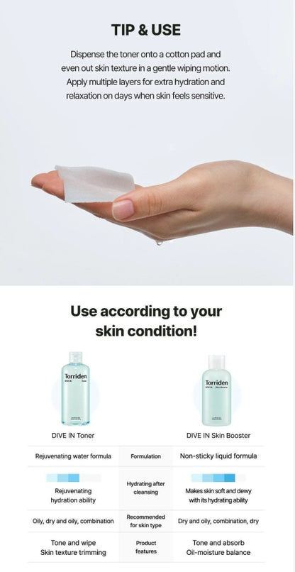 Torriden DIVE-IN Low Molecular Hyaluronic Acid Toner 500ml (Special SET)+Cotton Pad 60P